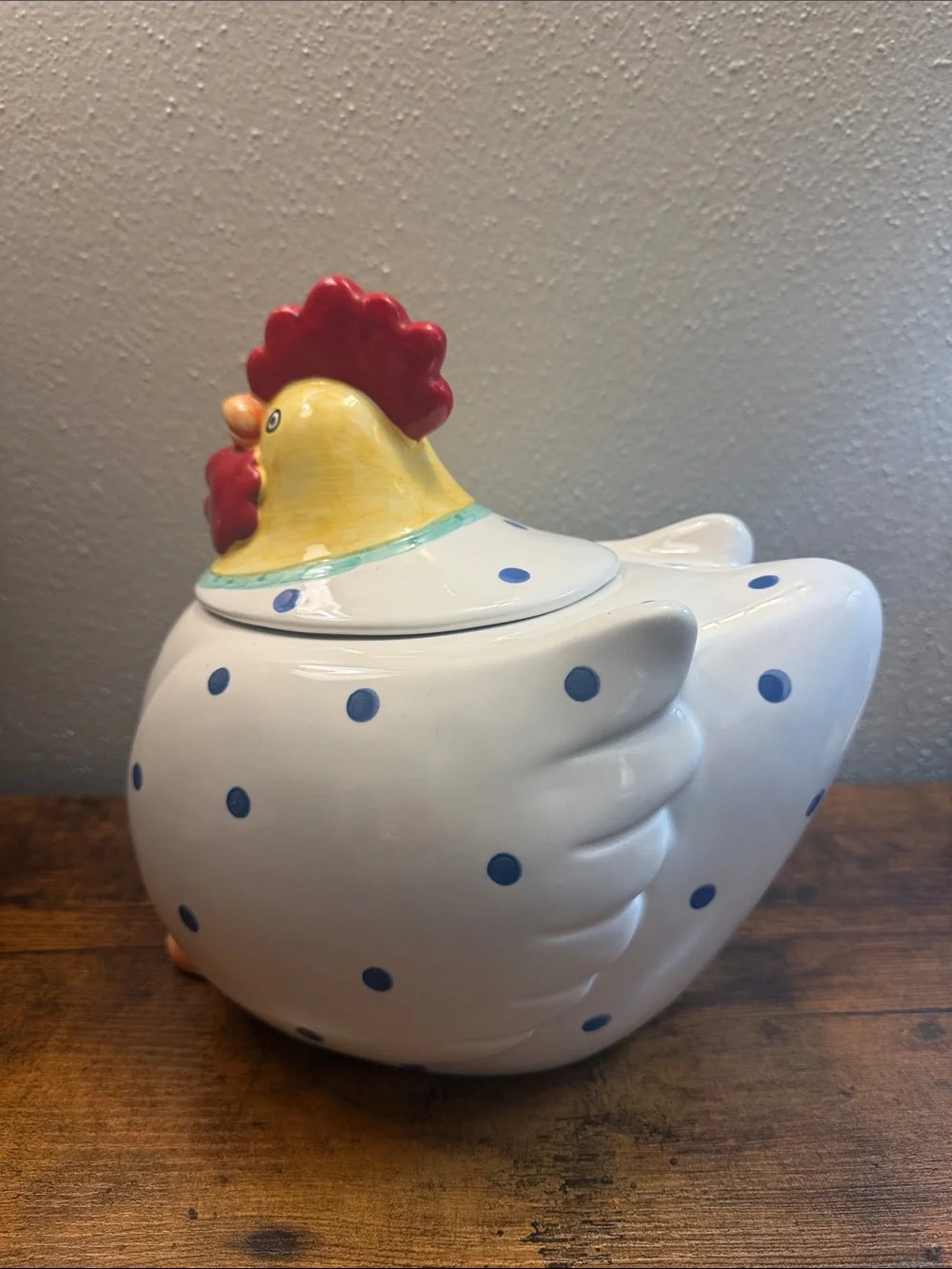 Coco Dowley Ceramic Chicken Cookie Jar Canister Blue Polka dots Kitchen Storage